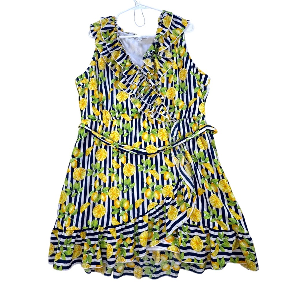 Cato Lemon Print Faux Wrap Dress Women XL Blue Striped Ruffle Coastal Cute